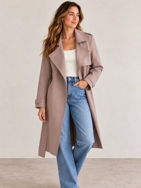 Prima Dusty Rose Mauve Draped Belted Trench Coat Size XS